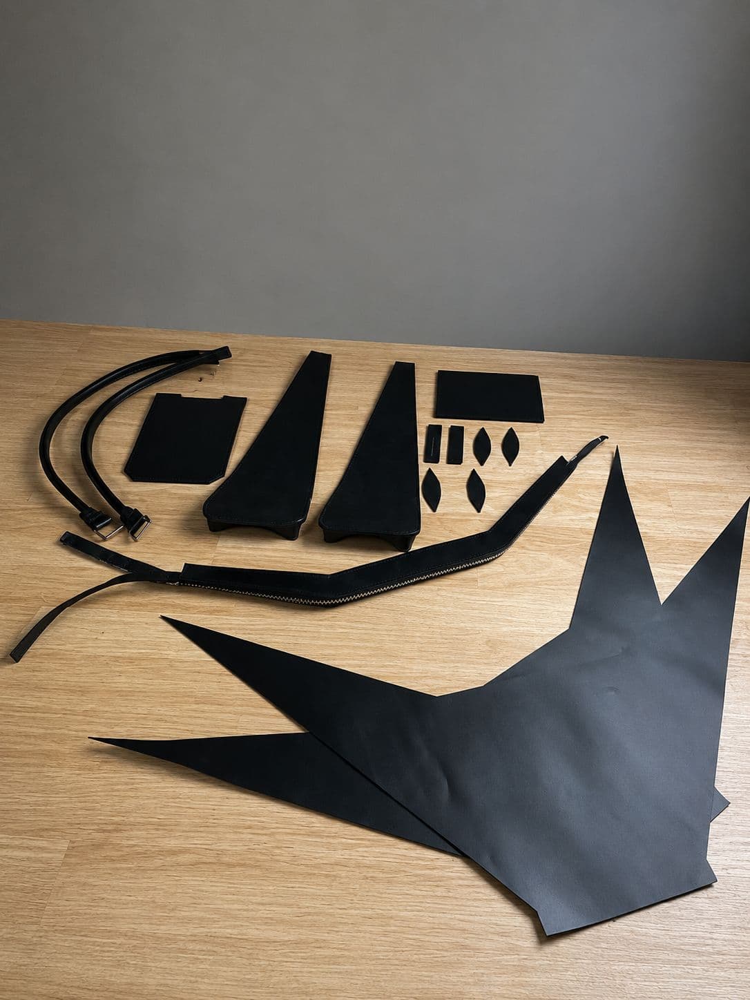 Sculptural leather pattern pieces revealing the architectural silhouette of a Nostradovus piece